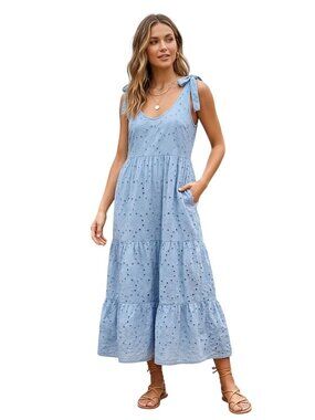 Valentina Naldi NWT Made In Italy Baby Blue Eyelet Midi Maxi Sundress Size M